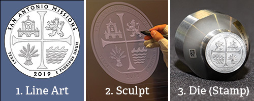 1. line art; 2. sculpt; 3. die (stamp)