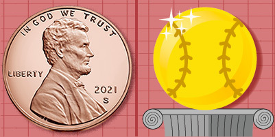 proof penny and a cartoon gold baseball on a pedestal