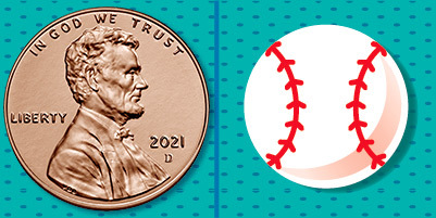 uncirculated penny and a cartoon baseball