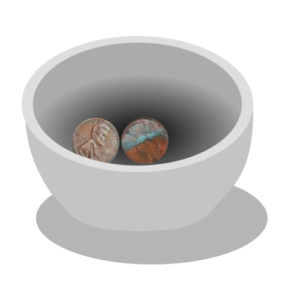 a small white bowl containing dirty pennies