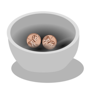 a small white bowl containing two clean pennies