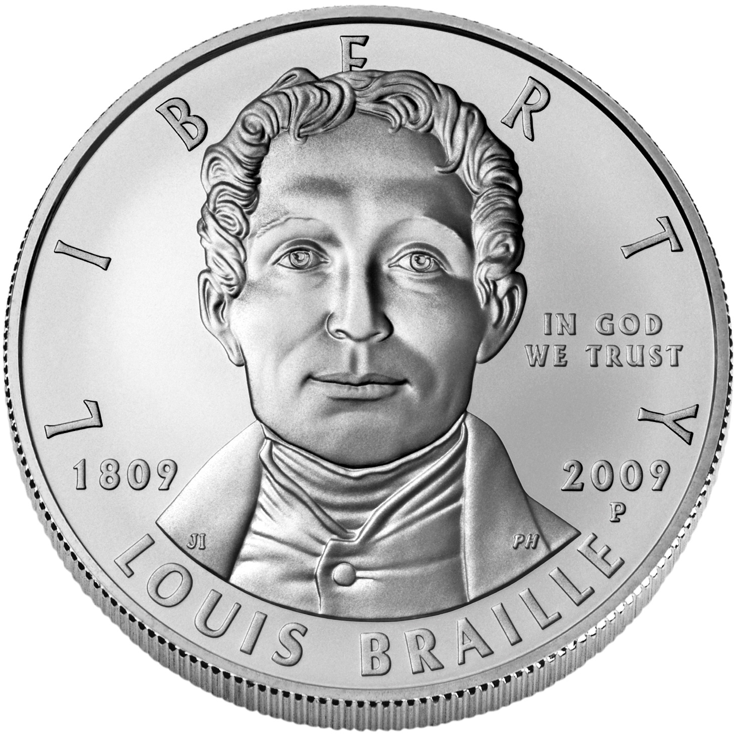 2009 Louis Braille Bicentennial Commemorative Silver One Dollar Uncirculated Obverse