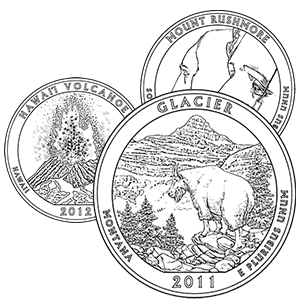 america the beautiful quarters coloring pages - glacier, hawaii volcanoes, mt rushmore