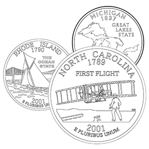 50 state quarter coloring pages - north carolina, rhode island, michigan