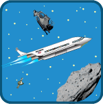 space supply kids game - cartoon spaceship, asteroid, space debris in the sky