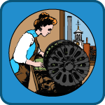 Textile Tales kids game icon; cartoon of woman next to a power loom