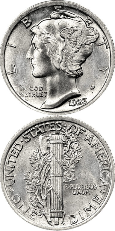 Mercury Dime: The coin's proper name is the Winged Liberty Dime, but it gained the common name of Mercury Dime because of the design’s likeness to the Roman god Mercury.