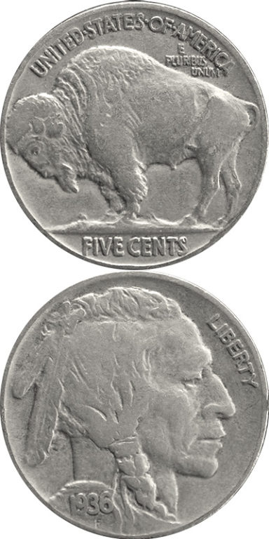 Buffalo Nickel: As part of an early 20th century effort to beautify U.S. coinage, James Earle Fraser’s nickel design features a Native American chief and an American bison (also known as a buffalo).