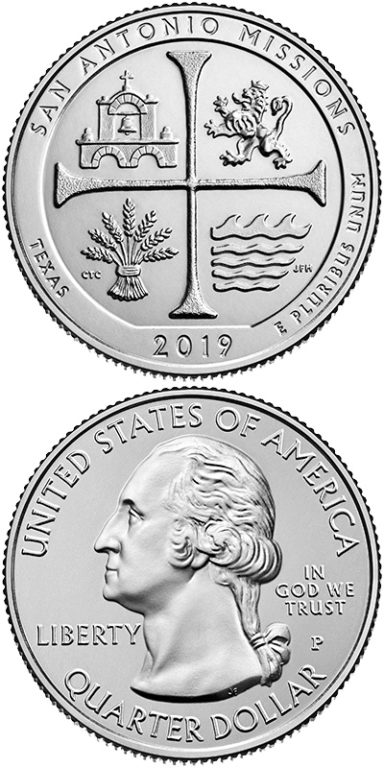 2019 San Antonio Missions National Historical Park Quarter: In 2010, the Mint started issuing quarters featuring a national site in each state, territory, and DC. The newest 2019 quarter features the San Antonio Missions in Texas.