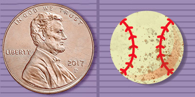 circulating penny and a cartoon dirty baseball