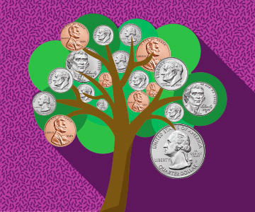 tree with coins hanging from branches